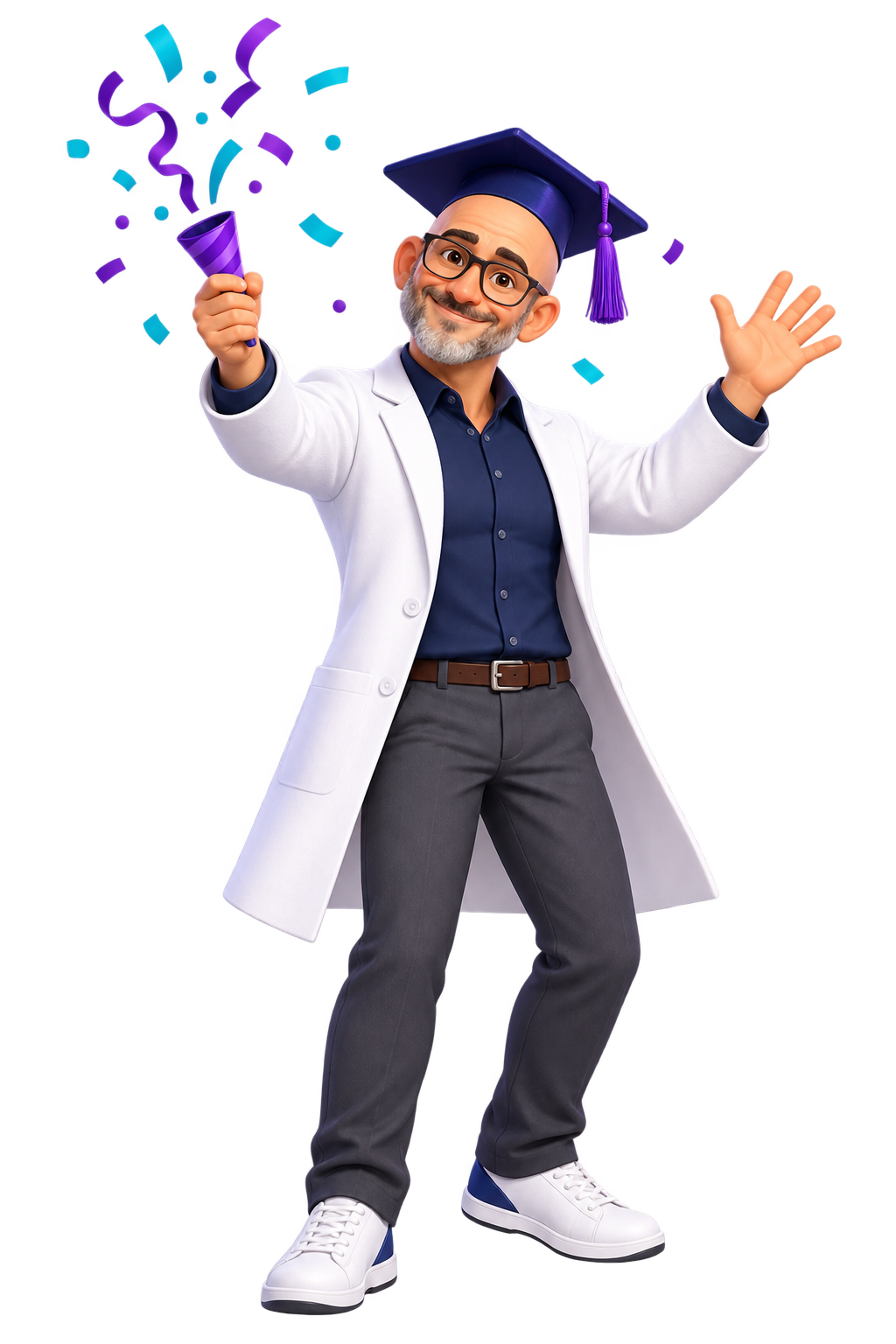 Professor Lynch celebrating the upcoming EZPep launch with cyan and purple confetti