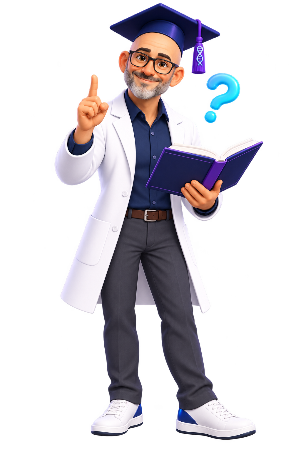 Professor Lynch with an open book and a friendly question mark